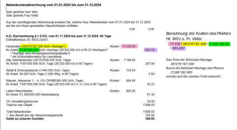 Screenshot: Beispielhafte Nebenkostenabrechnung mit ausgewiesenen Heizgradtagen und Kostenanteil