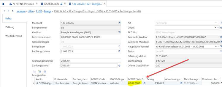 Screenshot: Beleg mit fehlerhaftem MWST-Satz-Datum