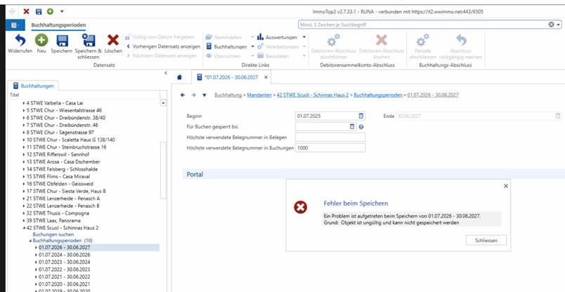 Screenshot: Fehlermeldung beim Speichern der Buchhaltungsperiode