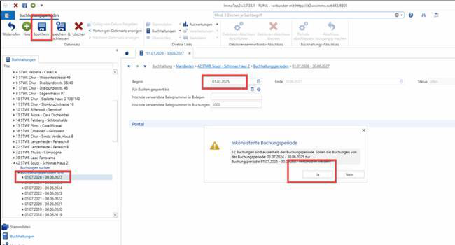 Screenshot: Warnhinweis zu inkonsistenter Buchungsperiode beim Ändern des Beginn-Datums