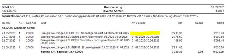 Screenshot: Kontoauszug mit fehlender Abrechnungsperiode bei einer Buchung