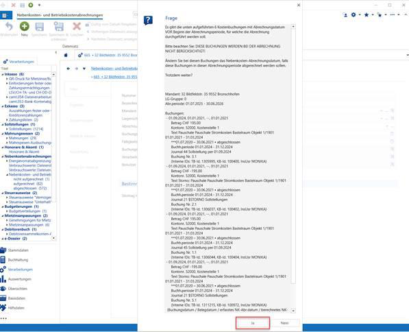 Screenshot: Frage-Dialog zu Kostenbuchungen vor Beginn der Abrechnungsperiode
