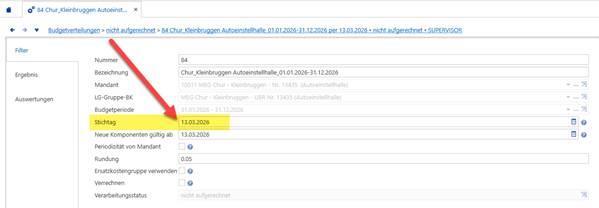 Screenshot: Budgetverteilung mit Feldern Stichtag und
