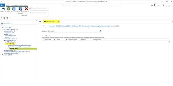 Screenshot: Leerer Eintrag bei Objekt-Kostengruppen-Zuordnungen einer zweiten Liegenschaftsgruppe