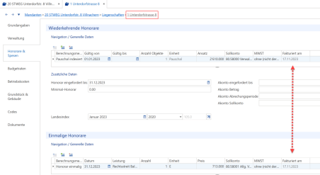 Screenshot: Wiederkehrende und einmalige Honorare auf Stufe Liegenschaft