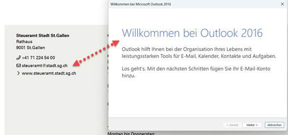 Screenshot: Willkommens-Dialog von Outlook als Standard-Mailprogramm