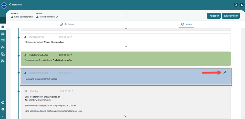 Screenshot: Festgepinnter Kommentar im KrediFlow-Verlauf