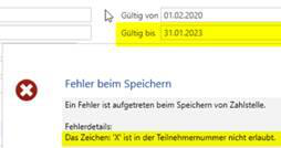 Screenshot: Fehlermeldung wegen unzulässigem Zeichen in der Teilnehmernummer