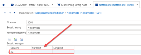 Screenshot: Komponentendefinition Nettomiete mit leerem Eintrag in der Spalte 