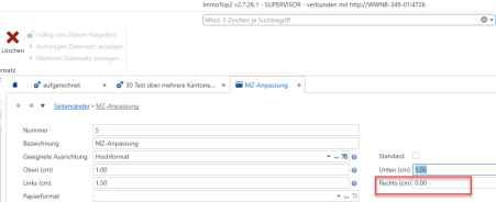 Screenshot: Seitenrand rechts bei der MZA-Formularvorlage auf 0.0 cm reduzieren