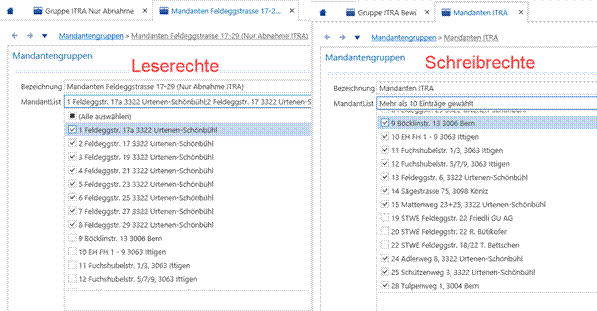 Screenshot: Mandantengruppe mit Leserechten und Mandantengruppe mit Schreibrechten im Vergleich