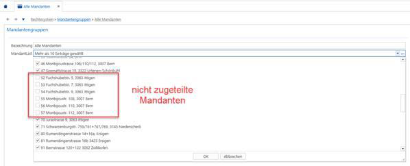 Screenshot: Übersicht aller Mandanten mit nicht zugeteilten Mandanten