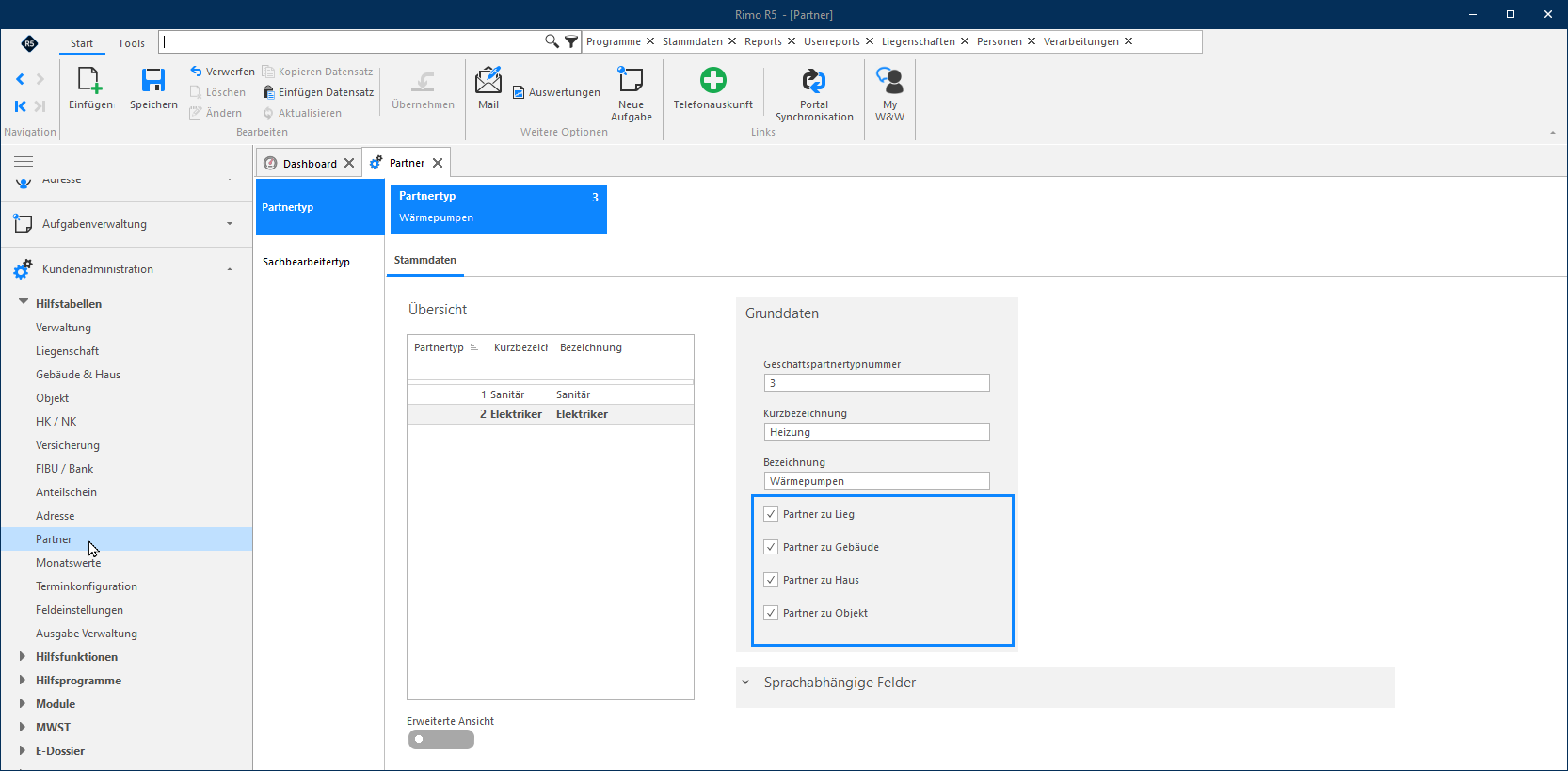 Screenshot: Partnertyp erfassen