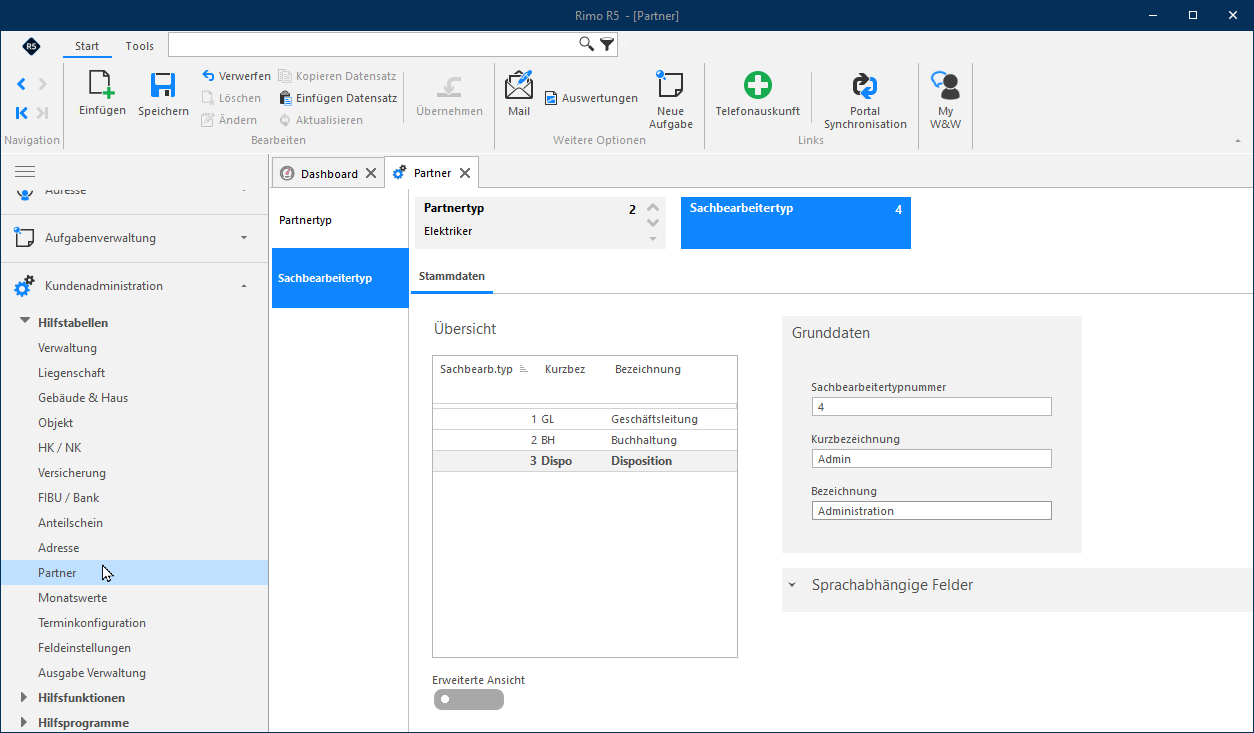Screenshot: Sachbearbeitertyp erfassen