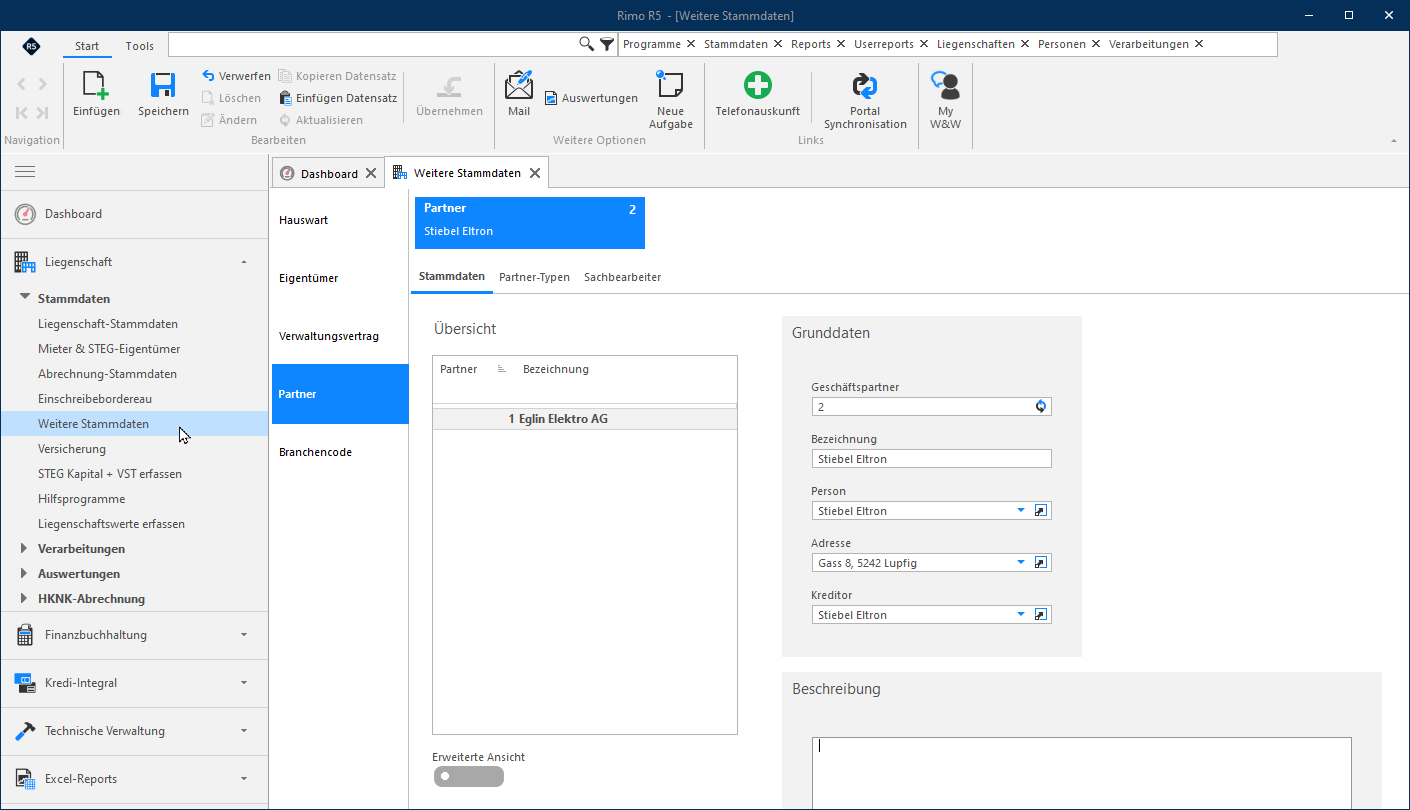 Screenshot: Partner in Weiteren Stammdaten erfassen