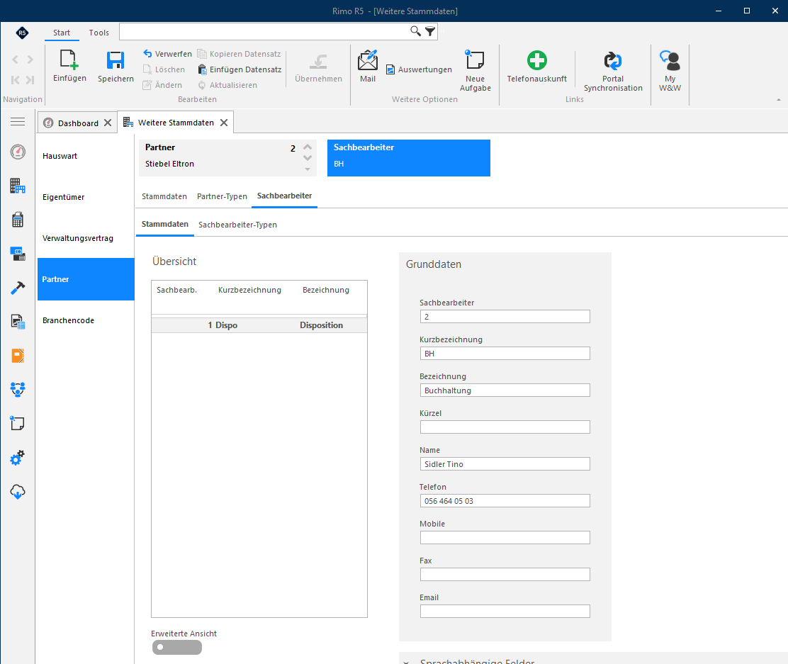 Screenshot: Sachbearbeiter zum Partner erfassen