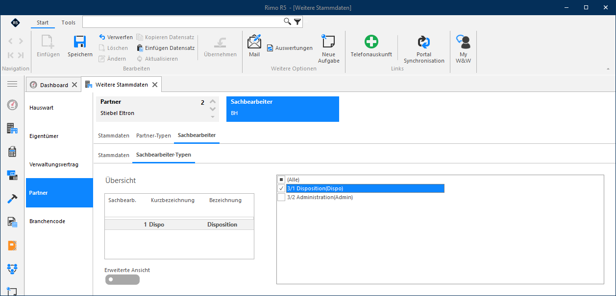 Screenshot: Sachbearbeiter-Typ zuweisen