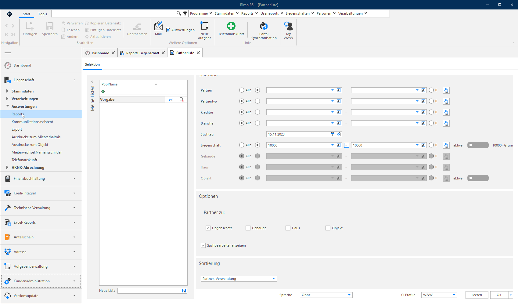 Screenshot: Selektionsmaske Report Partnerliste