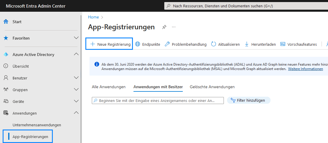 Screenshot: Azure Active Directory – App-Registrierungen mit Button Neue Registrierung