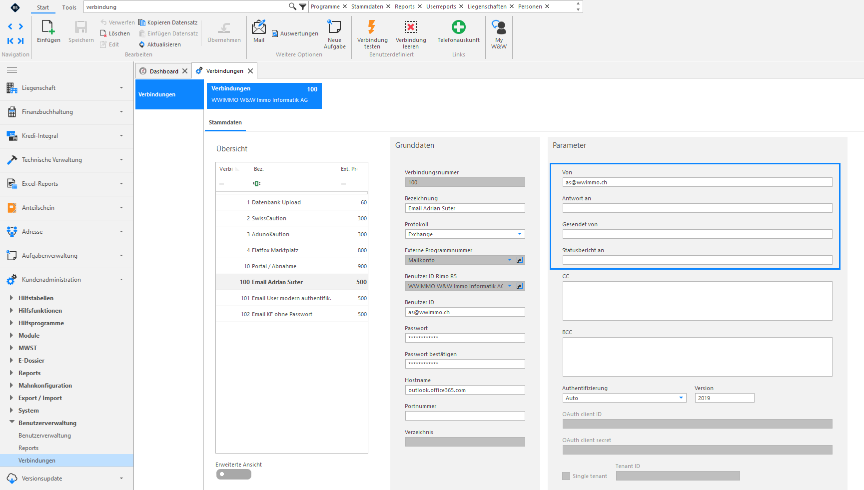 Screenshot: Verbindungen Stammdaten mit Protokoll Exchange, Hostname outlook.office365.com und Version 2019