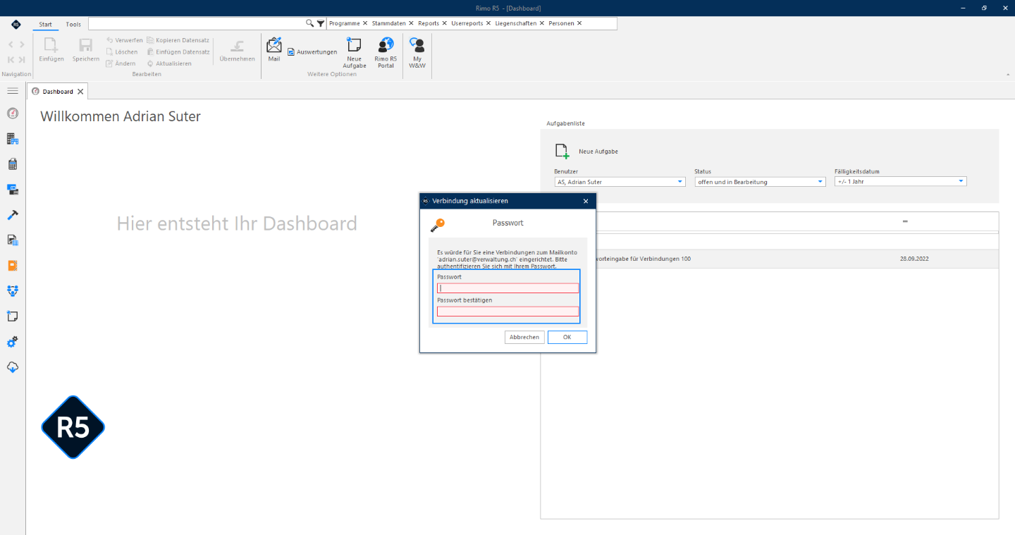 Screenshot: Dialog Verbindung aktualisieren mit Passwort und Passwort bestätigen