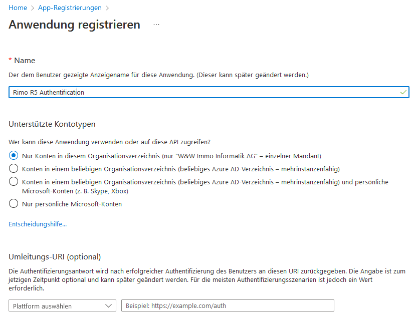 Screenshot: Anwendung registrieren – Name und Kontotypen