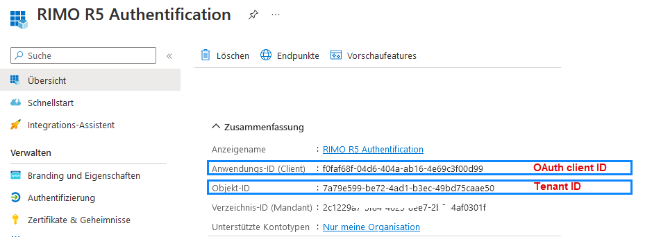 Screenshot: App-Registrierung Übersicht mit Anwendungs-ID (Client) und Verzeichnis-ID