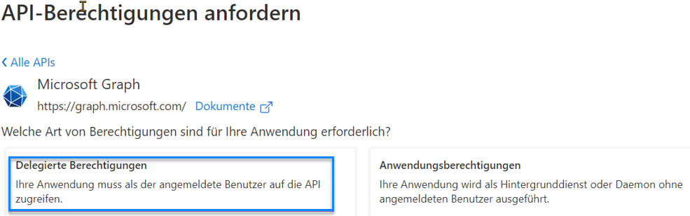 Screenshot: API-Berechtigungen anfordern – Delegierte Berechtigungen