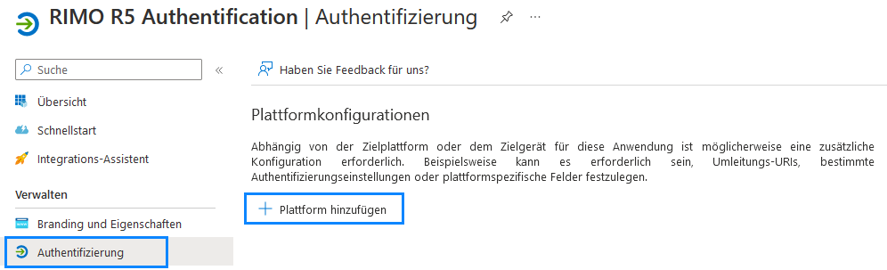 Screenshot: Authentifizierung – Plattform hinzufügen
