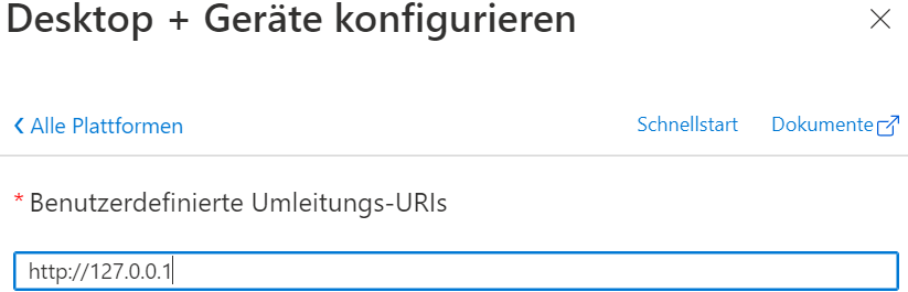 Screenshot: Benutzerdefinierte Umleitungs-URI http://127.0.0.1 eintragen