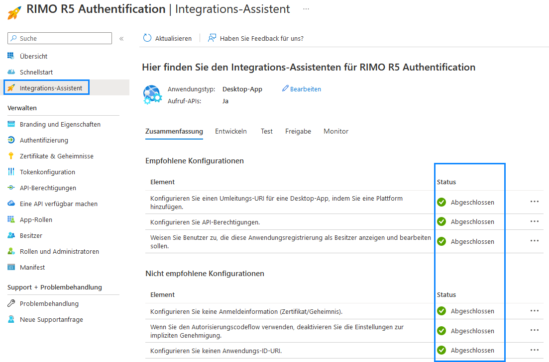 Screenshot: Integrations-Assistent mit Zusammenfassung der empfohlenen und nicht empfohlenen Konfigurationen