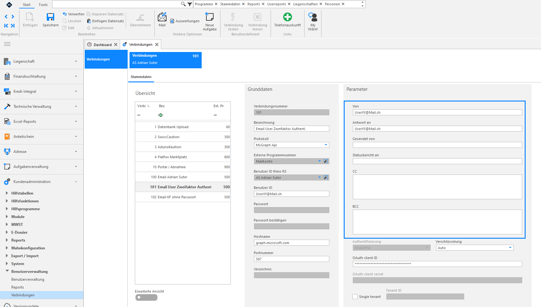 Screenshot: Verbindungen Stammdaten mit Protokoll MsGraph Api, Hostname graph.microsoft.com, OAuth client ID