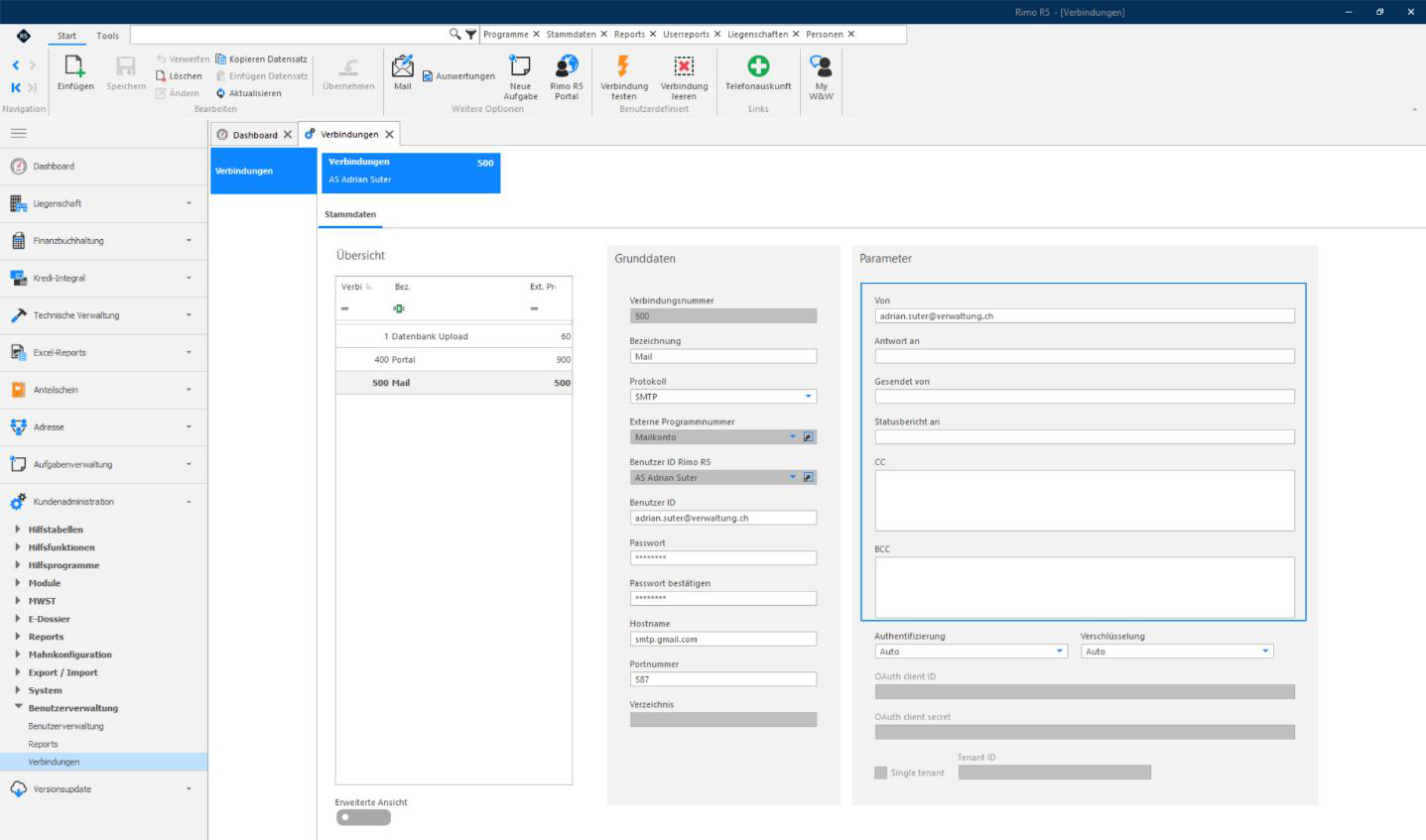 Screenshot: Verbindungen Stammdaten mit Protokoll SMTP und Hostname smtp.gmail.com