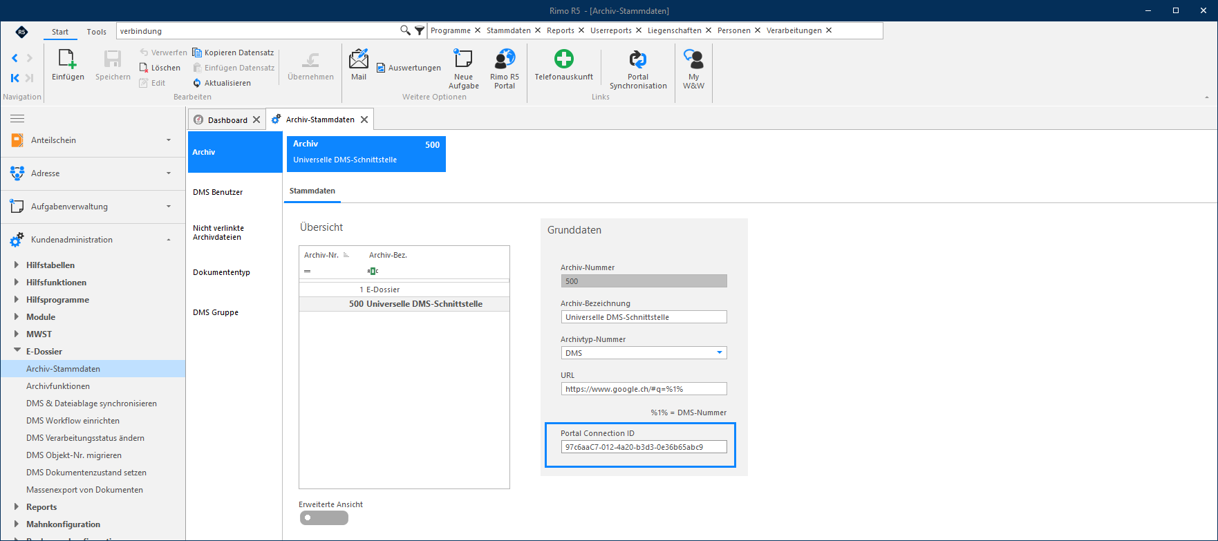 Screenshot: Archiv-Stammdaten mit dem Feld Portal Connection ID