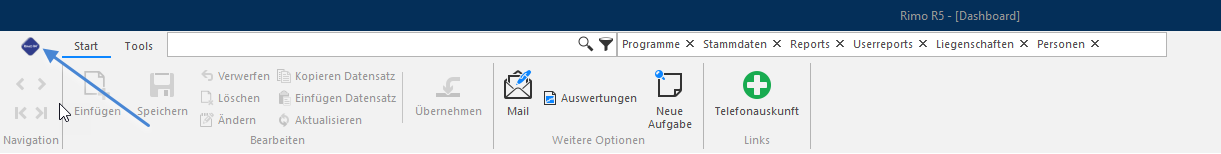Screenshot: Rimo R5 – Rimo-Icon oben links im Dashboard
