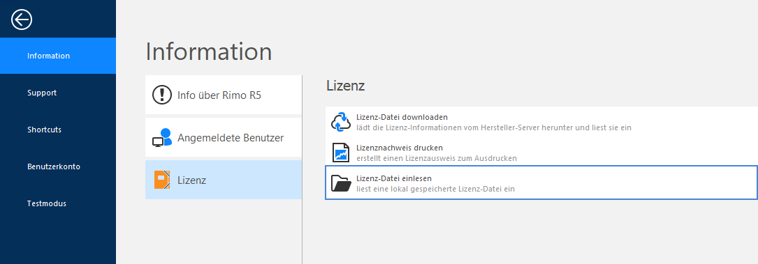 Screenshot: Information – Lizenz mit Option Lizenz-Datei einlesen
