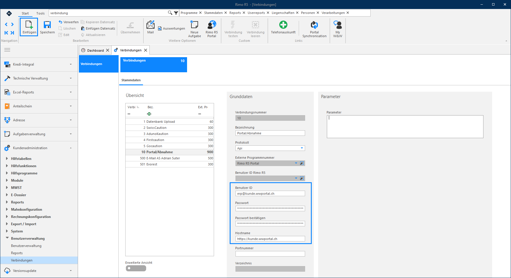 Screenshot: Verbindungen – Grunddaten mit Benutzer ID, Passwort und Hostname