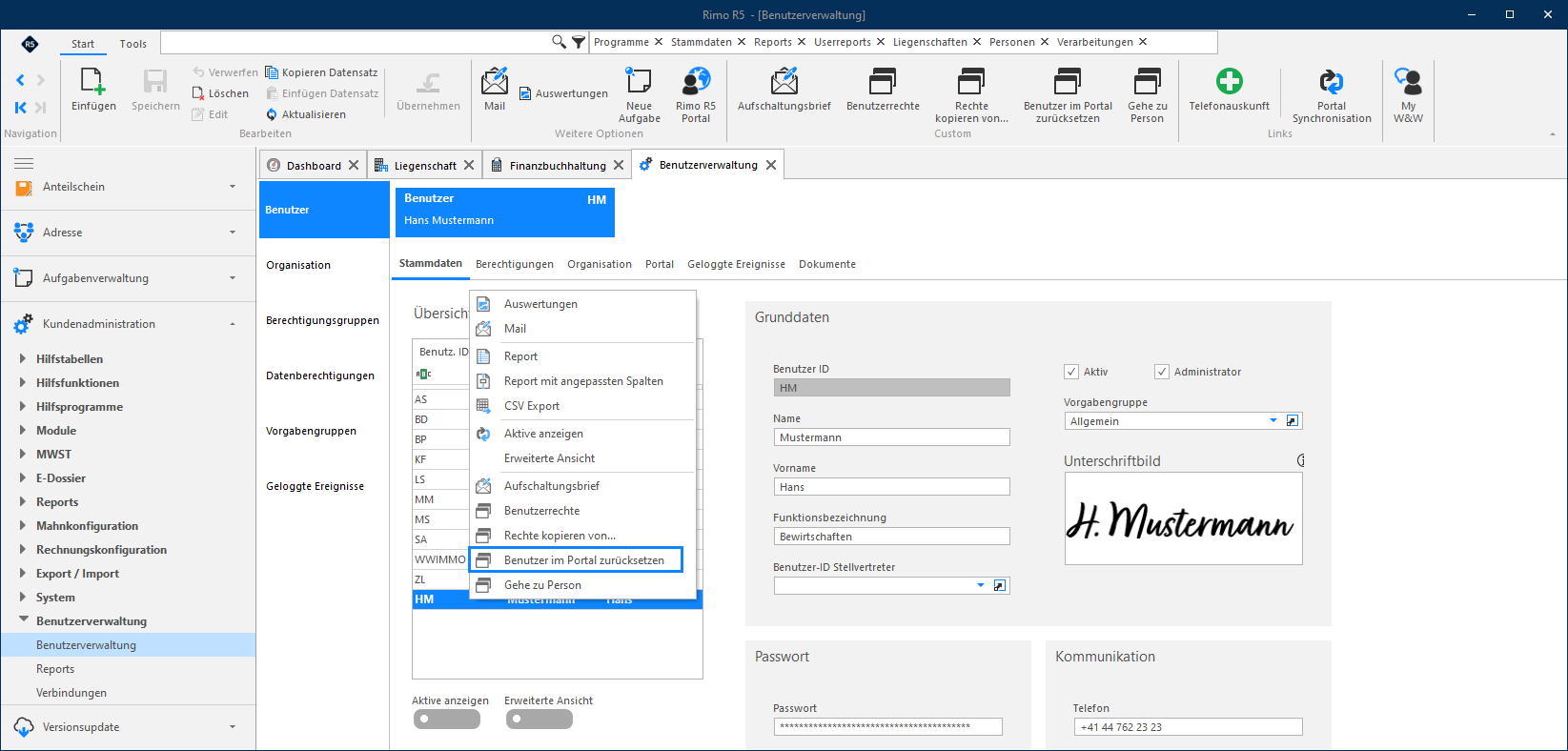 Screenshot: Benutzerverwaltung – Kontextmenü mit Option 