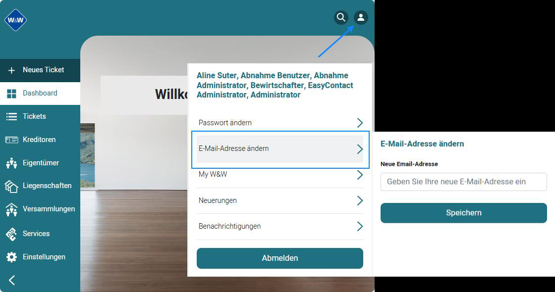 Screenshot: Portal – Benutzermenü mit Option 