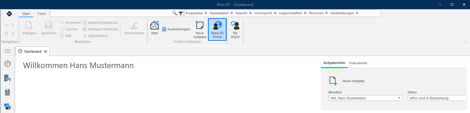Screenshot: Rimo R5 Dashboard mit Button 