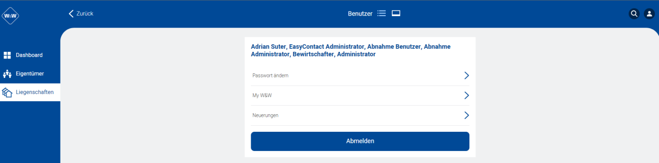Screenshot: Portal – Benutzermenü mit Passwort ändern, My W&W, Neuerungen und Abmelden