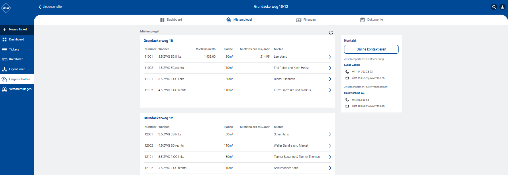 Screenshot: Portal – Mieterspiegel mit Objektliste