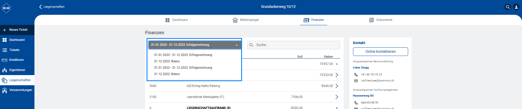 Screenshot: Portal – Register Finanzen mit Auswahl des Fibujahrs