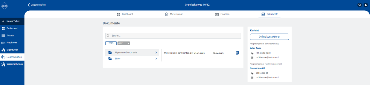 Screenshot: Portal – Register Dokumente mit Ordnern und Dateien