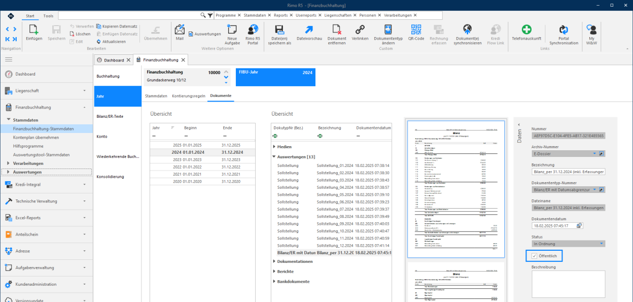 Screenshot: Rimo R5 – Finanzbuchhaltung Jahr Dokumente mit Flag 