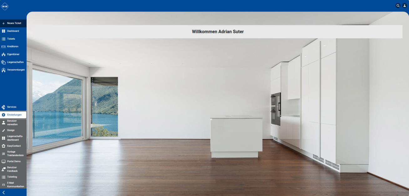 Screenshot: Portal – Einstellungen-Menü mit Benutzer verwalten, Design, Liegenschafts-Dashboard, EasyContact, Vorlage Traktandenliste u.a.