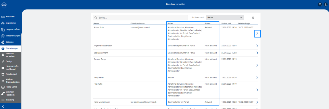 Screenshot: Portal – Benutzer verwalten mit Rollen und Status