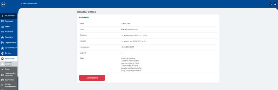 Screenshot: Portal – Benutzer Details mit Button 