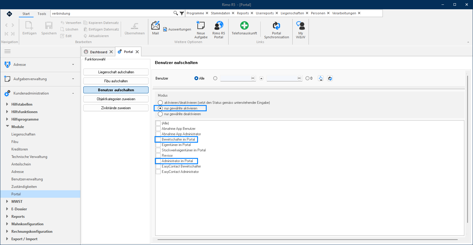 Screenshot: Portal – Benutzer aufschalten mit Modus 