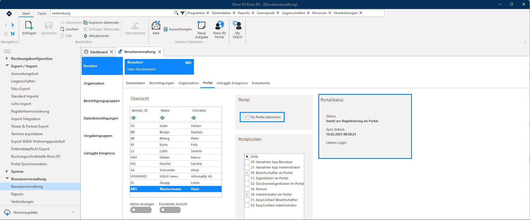 Screenshot: Benutzerverwaltung – Register Portal mit Flag 
